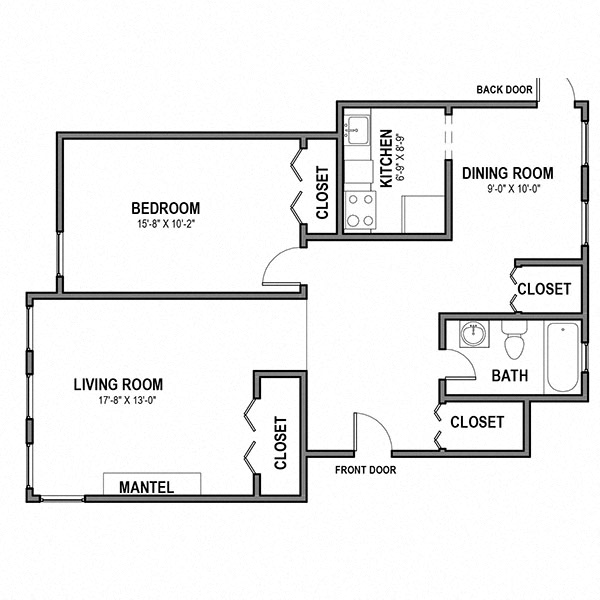 Floor plan for 1 bed, 1 bath, 794 sqft